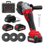 FULLYEA Cordless Angle Grinder 4-1/2", Brushless Metal Grinder 12000 RPM, Power Angle Grinders with 2 * 4.0Ah Batteries & Charger, 3*Cutting Wheels, Electric Angle Grinder Tool Kit for Cutting (Red)
