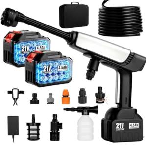 Cordless Pressure Washer Battery Powered,Portable Power Washer with 2pcs 4.5Ah Battery&Charger & 6-in-1 Nozzle,2 Power Level & on/Off Button,Handheld Pressure Washer for Car,Home,Garden Patio (8.5m)