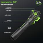 Greenworks 80V (770 CFM/190 MPH) Brushless Cordless Leaf Blower, Commercial-Grade Power for Autumn Leaf Composting, Spring Pollen Cleanup and Post-Snow Debris, Includes 4.0Ah Battery & Rapid Charger