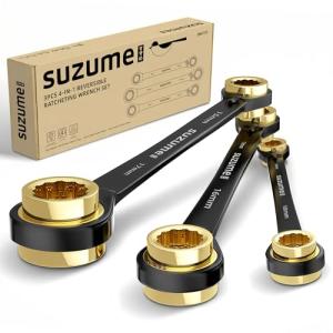 SUZUME 4 in 1 Ratchet Wrench 3-Piece Metric (8-19mm) 15K Gear Cycles Tested 72-Tooth CR-V Steel Reversible Ratcheting Box Wrench Set with Storage Bag and EVA Foam for Motorcycle Car Bicycle DIY