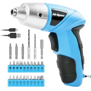 Hi-Spec Small Electric Screwdriver, Mini Drill Set, Rechargeable 3.6V Cordless Screwdriver with 26 Driver Bits, Power Tool for Small Projects & Home Use, Blue