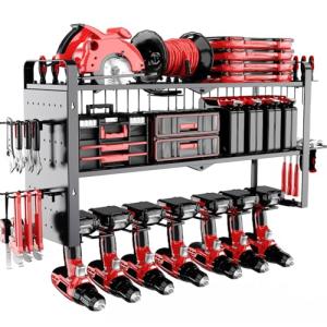 Wall-Mount Power Tool Organizer with 7 Drill Holders