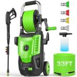 4800PSI Electric Pressure Washer- 4.0GPM High Power Washer with 33FT Hose Reel, 4 Spray Tips and Soap Bottle for Car Washing, Fence Cleaning, Patio Maintenance（Upgraded） (Green)