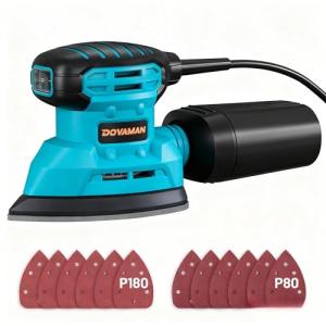 DLS03A Detail Sander, 1.1 Amp Hand Sander with Dust Collector, 12000 RPM Compact Palm Sander with 12 Pcs Sanderpapers, Low Vibration, Lightweight Hand Sander for Wood and Steel Surface