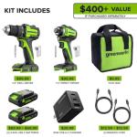 Greenworks 24V Cordless Brushless 400 in-lbs Drill/Driver+1950 in-lbs Impact Driver Combo,High Torque, Lightweight, (2) 2.0Ah USB-C Batteries(12,000mAh Power Bank) and 65W USB-C Fast Charger(3-Port)