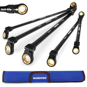 WORKPRO Extra Long Flex-Head Ratcheting Wrench Set, 5-piece Anti-Slip Double Box Wrenches Set, Metric 8-19 mm, 72-Teeth, Cr-V Steel and Black Electrophoretic Coating Wrenches with Rolling Pouch