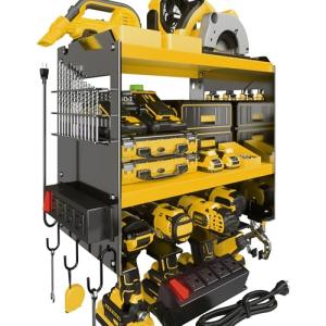 Spampur Power Tool Organizer Wall Mount with Charging Station, Tool Battery Holder with 4 Outlet Power Strip15 Min Assembly & Maximum 100lb Load by Heavy Duty Metal, 4 Slots for Cordless Drill