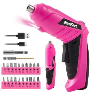 Durofort Pink Cordless Electric Screwdriver Set, 3.7V Rechargeable Small Electric Drill with 48pcs Driver Bit Set, Power 3Nm Screw Gun with 2 Position Handle, Flexible Shaft LED Light for Women