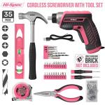 Hi-Spec 35-Piece Tool Kit with 3.6V USB Small Electric Screwdiver Set, Pink Drill Set for Women, Tool Kit for Home
