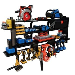 Large Power Tool Organizer Wall Mount, With Attachable Shelves - Garage Storage System, Heavy Duty 4-Tier Rack Holds 12 Drills – Screw Holder Accessories, Utility Shelf for Workshop Organization