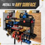 Large Power Tool Organizer Wall Mount, With Attachable Shelves - Garage Storage System, Heavy Duty 4-Tier Rack Holds 12 Drills – Screw Holder Accessories, Utility Shelf for Workshop Organization