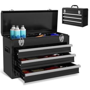 Portable Metal Tool Box, 3 Drawers Lockable Heavy Duty Tool Chest Storage Toolbox with Ball-Bearing Slides and 2 Metal Latches Closure for Garage, Workshop, Repair Shop (Black)