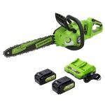 Greenworks 48V (2 x 24V) 14" Brushless Cordless Chainsaw (Great For Tree Felling, Limbing, Pruning, and Firewood / 125+ Compatible Tools), (2) 4.0Ah Batteries and Dual Port Rapid Charger Included