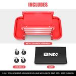 DNA Motoring TOOLS-00261 3-Drawer Tool Chest Rolling Mechanic Seat with Tool Trays,350lbs Max Weight Capacity,Red