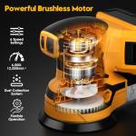 Cordless Orbital Sander for Dewalt 20V Battery, Brushless 6 Variable Speeds, 6000 to 12000 OPM, 12Pcs Sandpapers With Dust Collector for Woodworking Sanding (Battery Not Included) (Yellow)