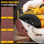 Cordless Orbital Sander for Dewalt 20V Battery, Brushless 6 Variable Speeds, 6000 to 12000 OPM, 12Pcs Sandpapers With Dust Collector for Woodworking Sanding (Battery Not Included) (Yellow)