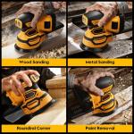 Cordless Orbital Sander for Dewalt 20V Battery, Brushless 6 Variable Speeds, 6000 to 12000 OPM, 12Pcs Sandpapers With Dust Collector for Woodworking Sanding (Battery Not Included) (Yellow)