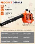 Relxxon Gas Leaf Blower 26cc Handheld, Powerful 2-Cycle Engine, 180 MPH 380 CFM, Lightweight Quick-Start for Lawn Care, Yard Debris & Light Snow (Orange)