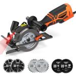 DOVAMAN Circular Saw, 5.8A 4-1/2" Circular Saw w/Laser, Metal Auxiliary Handle, 6 Blades (4½", 4¾"), Cutting Depth 1-11/16" (90°), 1-3/8" (45°), Ideal for Wood, Soft Metal, Plastic, Tile - MCS01A