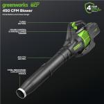 Greenworks 60V 450 CFM Cordless Leaf Blower, 2.0 Ah Battery and Rapid Charger