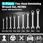 DURATECH 9-Piece Flex-Head Ratcheting Wrench Set, Combination Wrench Sets, 72 Tooth, Metric, 8, 10, 11, 12, 13, 14, 15, 16, 17mm, CR-V Steel, with Rolling Pouch
