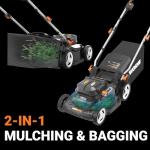 WORX 17'' Cordless Lawn Mower, 2 in 1 Electric Mower Cuts to Edge, Compact & Lightweight Push Lawn Mower with 6-Position Height Adjustment for Medium Size Yards, 2 Batteries & Charger Included, WG745