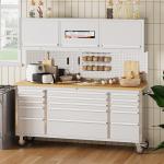 IDEALHOUSE 72 inch Rolling Tool Chest, Garage Workbench with 15 Drawers, Solid Rubber Wood Top & with Wheels Lock Key Locking, Mobile Workstation Tool Cabinet for Workshop Storage