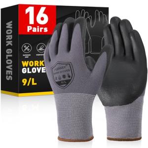 FURWEY Safety Work Gloves,16 Pairs Micro-Foam Nitrile Coated Glove for Men and Women, Touchscreen, Ideal for Warehouse Package Handling，Construction, Gardening, Medium