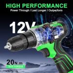 12V Cordless Power Drill Set, Electric Drill with Battery and Charger, 35pcs Acessories, 3/8"Keyless Chuck, 2 Variable Speed, 24+1 Position, Compact Drill Driver Kit for Home & DIY Project(green）