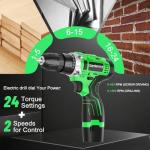 12V Cordless Power Drill Set, Electric Drill with Battery and Charger, 35pcs Acessories, 3/8"Keyless Chuck, 2 Variable Speed, 24+1 Position, Compact Drill Driver Kit for Home & DIY Project(green）