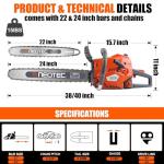 68CC Gas Powered Chainsaw 22 24 Inch Bar Chainsaws 2-Cycle Cordless Handheld Petrol Gasoline Chain Saw for Tree Felling Forestry Logging Backyard Storm Farm Wood Cutting