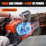 68CC Gas Powered Chainsaw 22 24 Inch Bar Chainsaws 2-Cycle Cordless Handheld Petrol Gasoline Chain Saw for Tree Felling Forestry Logging Backyard Storm Farm Wood Cutting