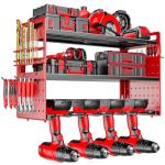 FaloStwer Modular Power Tool Organizer Wall Mount, Garage Drill Storage Shelf with Hooks, Heavy Duty Metal Premium Garage Tool Shelf, Gift for Man Cordless Tool Storage Rack (Red)
