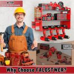 FaloStwer Modular Power Tool Organizer Wall Mount, Garage Drill Storage Shelf with Hooks, Heavy Duty Metal Premium Garage Tool Shelf, Gift for Man Cordless Tool Storage Rack (Red)