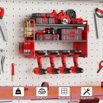 FaloStwer Modular Power Tool Organizer Wall Mount, Garage Drill Storage Shelf with Hooks, Heavy Duty Metal Premium Garage Tool Shelf, Gift for Man Cordless Tool Storage Rack (Red)