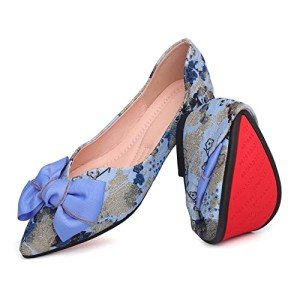 Hxlber Women's Bow Embroidery Pointed Flats - Blue