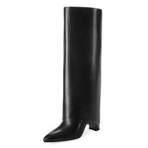 Black Fold Over Knee High Chunky Heels for Women