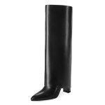 Black Fold Over Knee High Chunky Heels for Women