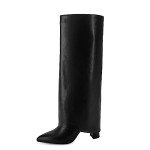 Black Fold Over Knee High Chunky Heels for Women