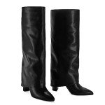 Black Fold Over Knee High Chunky Heels for Women