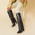 Black Fold Over Knee High Chunky Heels for Women