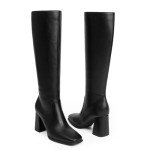 Black Chunky Heel Knee High Boots for Women