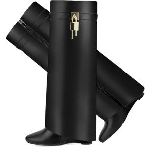 Chic Pointy Wedge Knee Boots with Zipper - Black