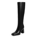 Black Chunky Heel Knee High Boots for Women