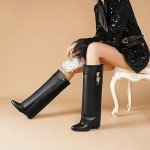 Chic Pointy Wedge Knee Boots with Zipper - Black