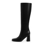 Black Chunky Heel Knee High Boots for Women