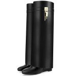 Chic Pointy Wedge Knee Boots with Zipper - Black