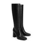 Black Chunky Heel Knee High Boots for Women