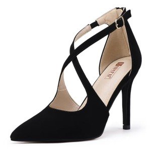 IDIFU Black Heels Women's Pumps Closed Toe Heels Stiletto High Heels Strappy Heels Wedding Bridal Office Dress Shoes for Women Comfortable Dressy Formal Pointed Toe Zip Pumps Heels(Black Nubuck,8.5)