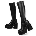 AMINUGAL Womens Elastic Knee High Boots Platform Chunky Block High Heel Sock Boots Zipper Round Toe Fashion Motorcycle Combat Punk Boots For Women Black size 8